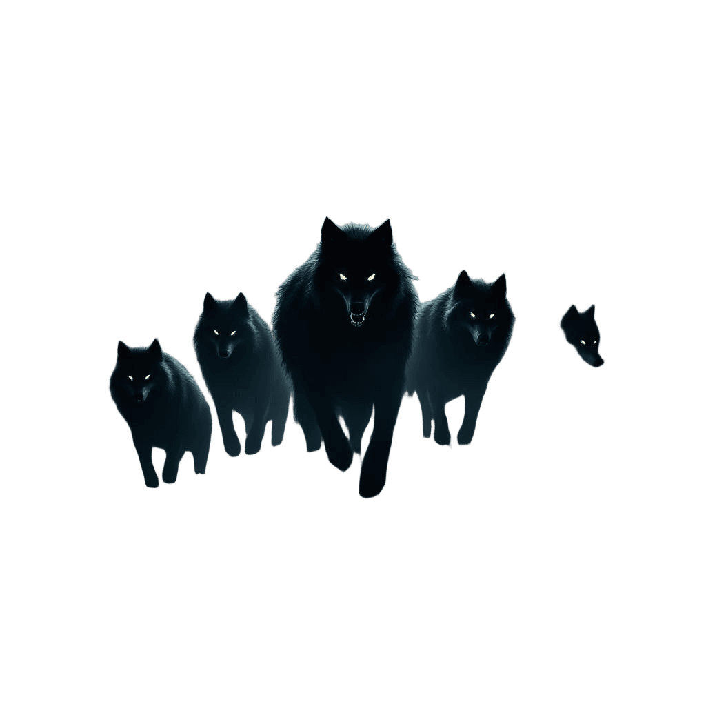 A Pack of Shadow Wolves Hunting Through Moonlit Mist