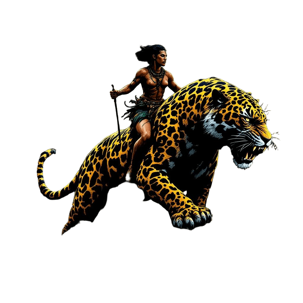 An Amazonian Warrior Riding a Giant Jaguar Through the Rainforest