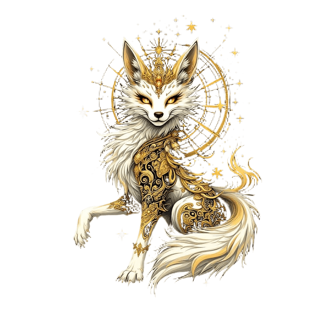 A Celestial Nine-tailed Fox in Gold and White
