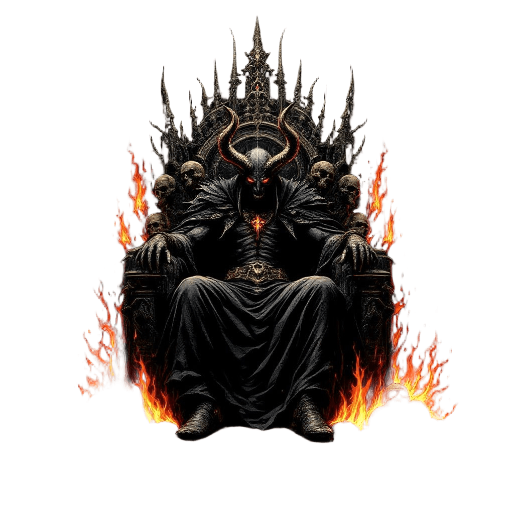 A Demon King Seated on a Throne of Skulls Surrounded by Hellfire