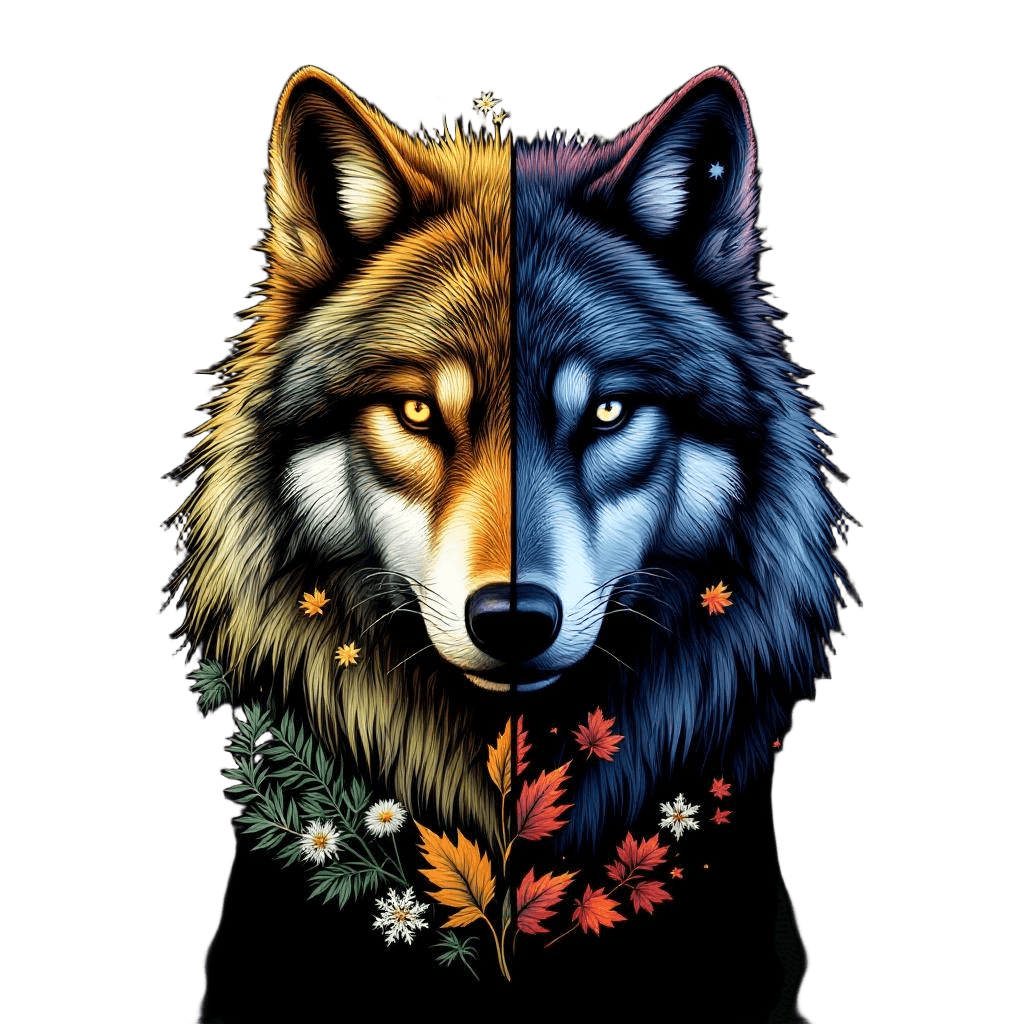 A Wolf Split Into Four Quadrants Each Representing a Season — Spring Flowers