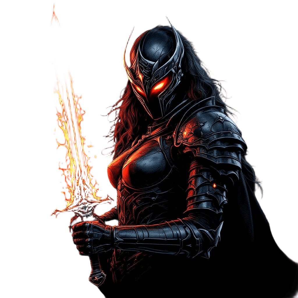 A Female Dark Knight in Ornate Iron Armor with Glowing Red Visor