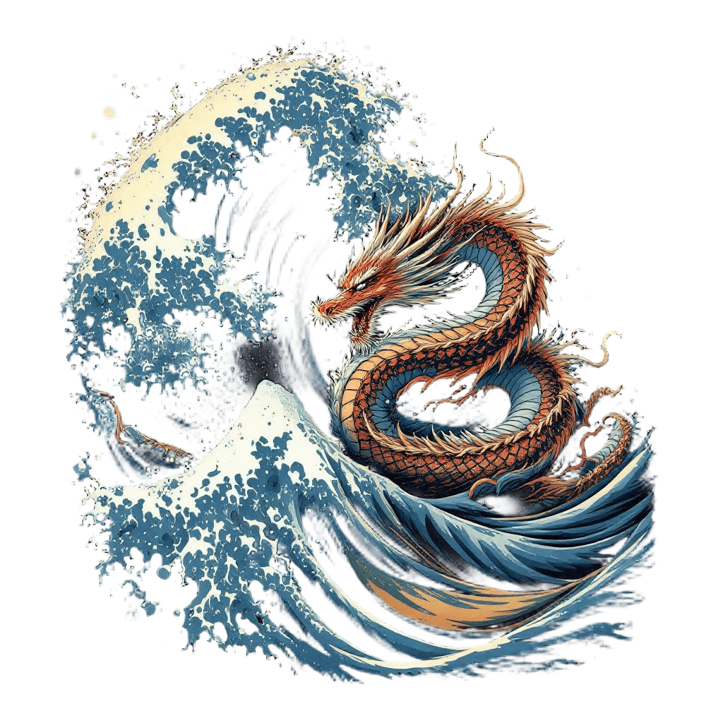 A Dragon Emerging From a Great Wave in Hokusai Ukiyo-e Style
