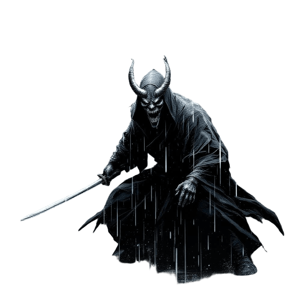 A Ronin Wearing a Demon Hannya Mask in Pouring Rain