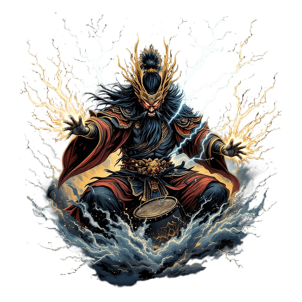 Raijin the Japanese Thunder God Surrounded by His Thunder Drums