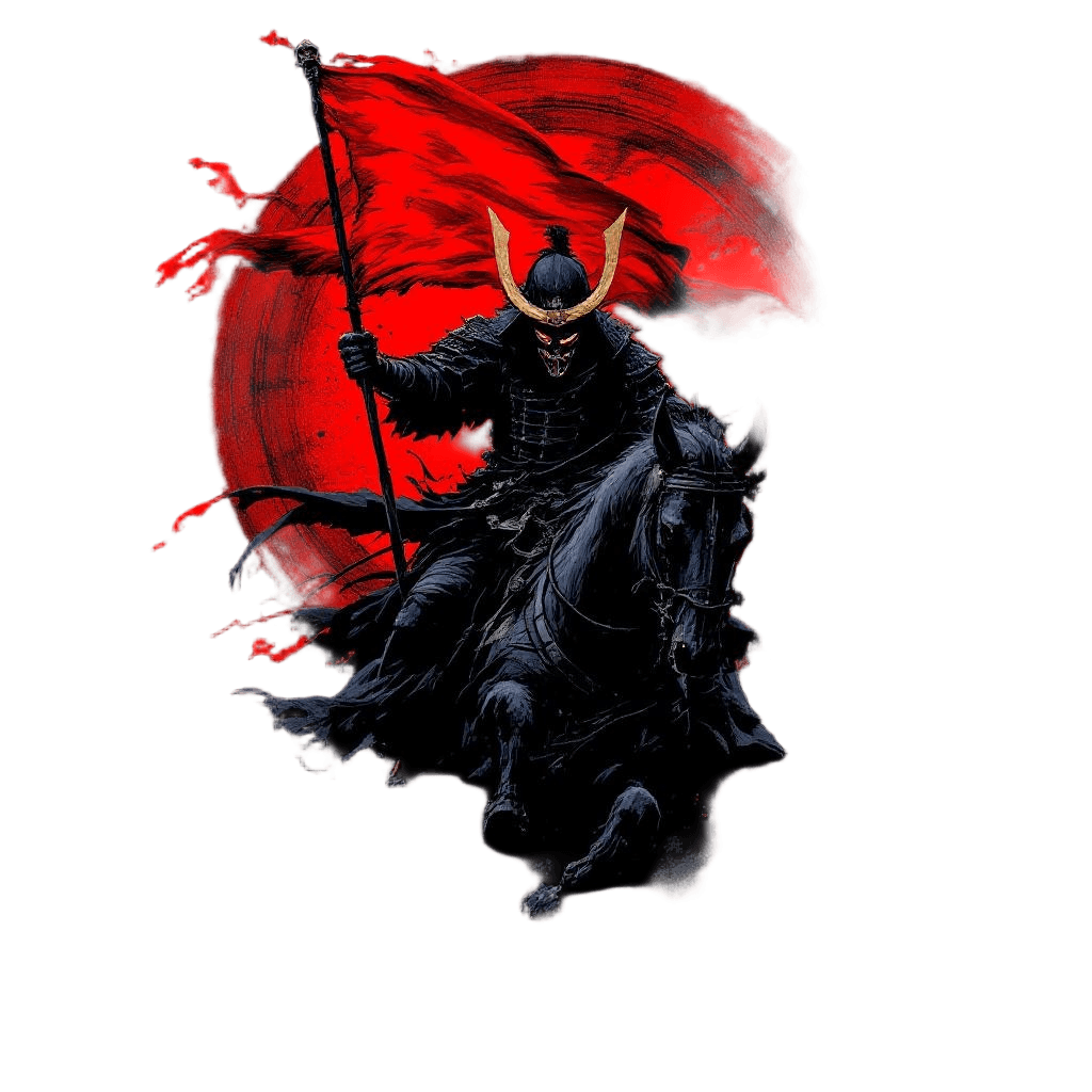 A Dark Samurai Wearing an Oni Mask Riding Into War
