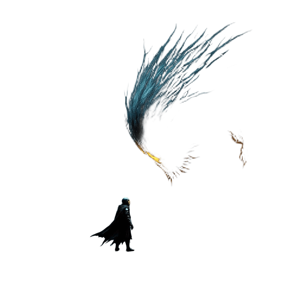 A Small Knight with a Hollow Mask Facing an Enormous Abyss Creature