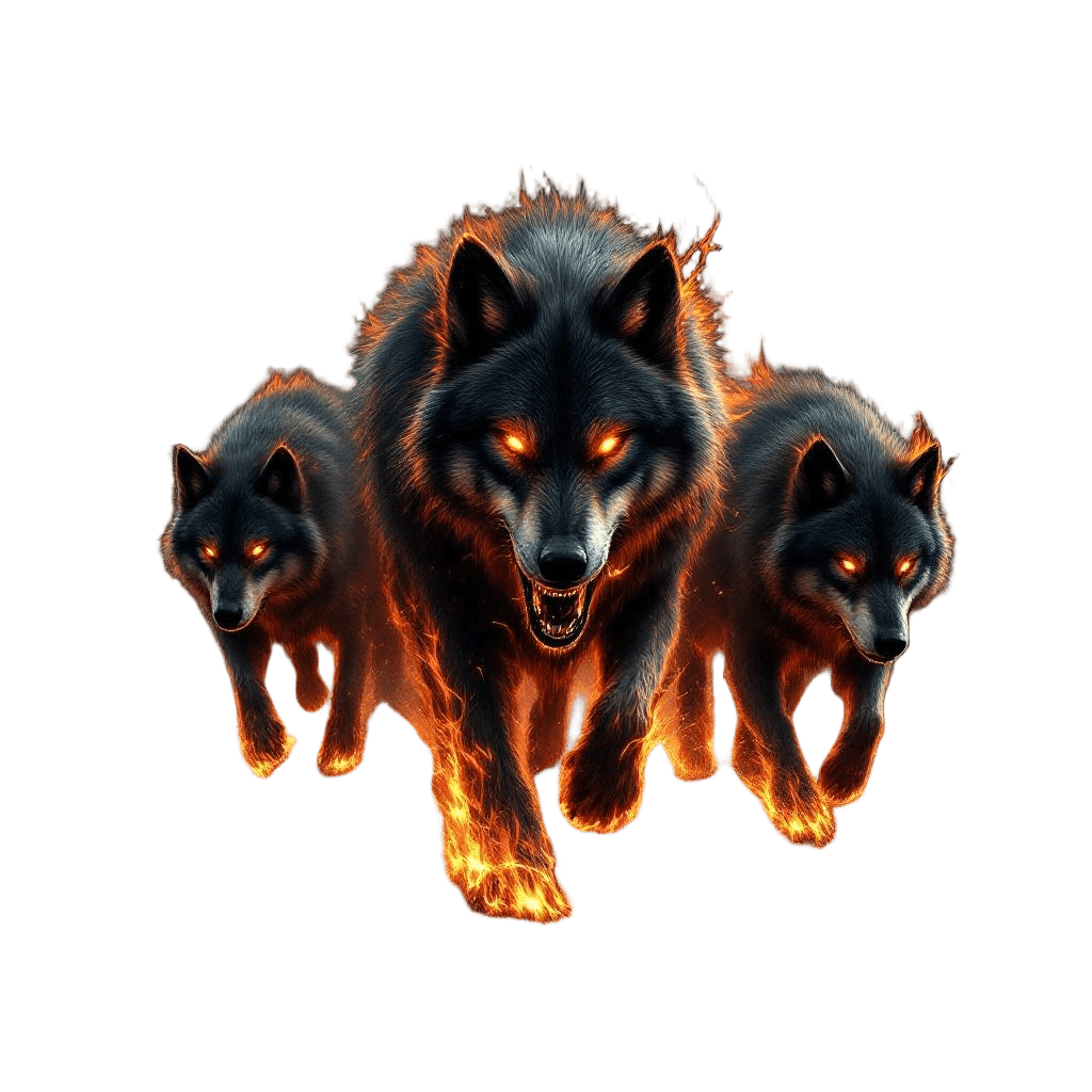 A Pack of Wolves Made of Hellfire Running Through Darkness