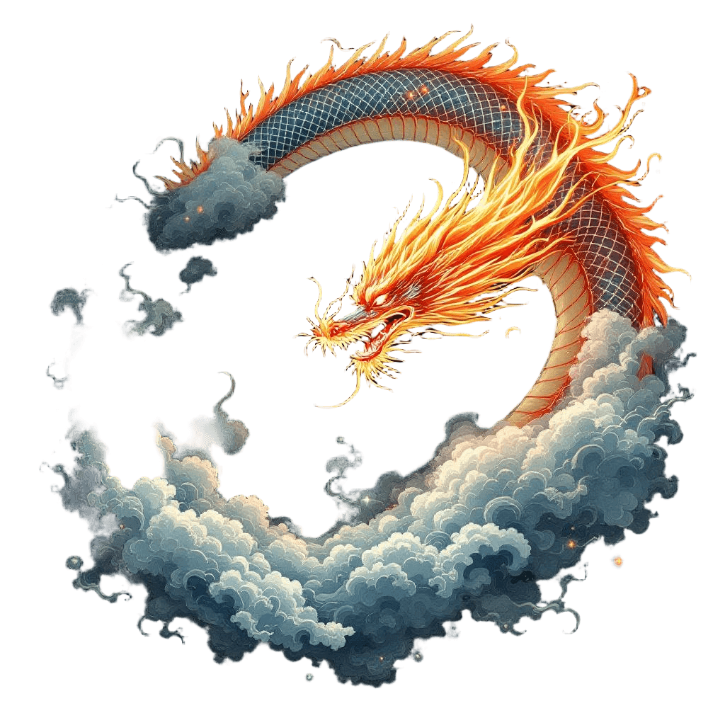 An Eastern Serpent Dragon Chasing the Flaming Pearl Through Clouds