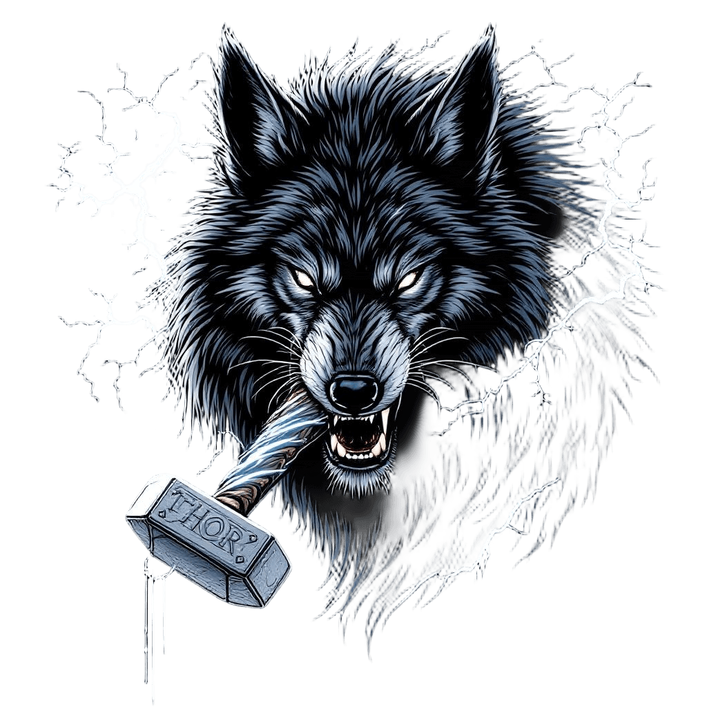 A Wolf Wreathed in Lightning Carrying Thor's Hammer Mjolnir in Its Jaws