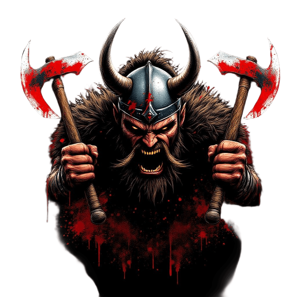 A Viking Berserker in Full Battle Rage with Twin Axes