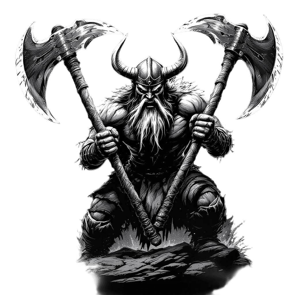 A Viking Berserker Dual-wielding Massive Battle Axes