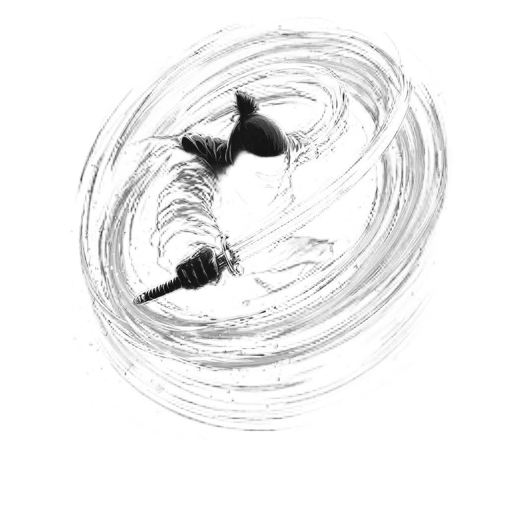 A Blade Master Wielding Dual Katanas in a Spinning Strike