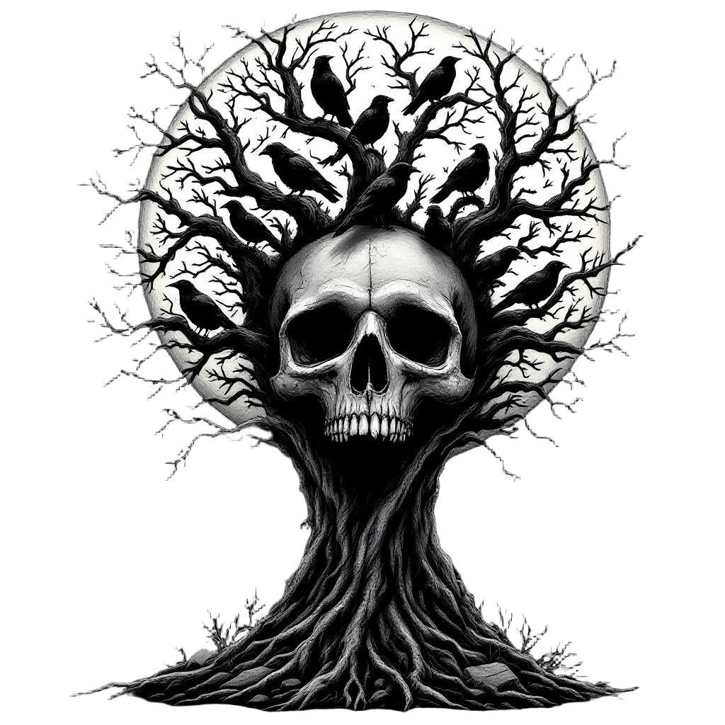 A Murder of Crows Roosting in a Dead Tree Growing From a Giant Skull