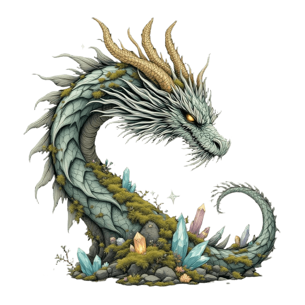 An Impossibly Ancient Dragon with Moss and Crystals Growing on Its Scales