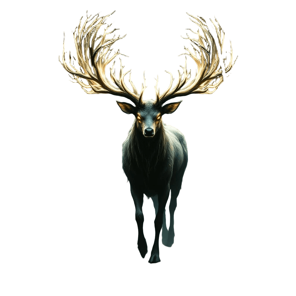 A Spectral Deer with Massive Glowing Antlers Walking Through a Haunted Misty for