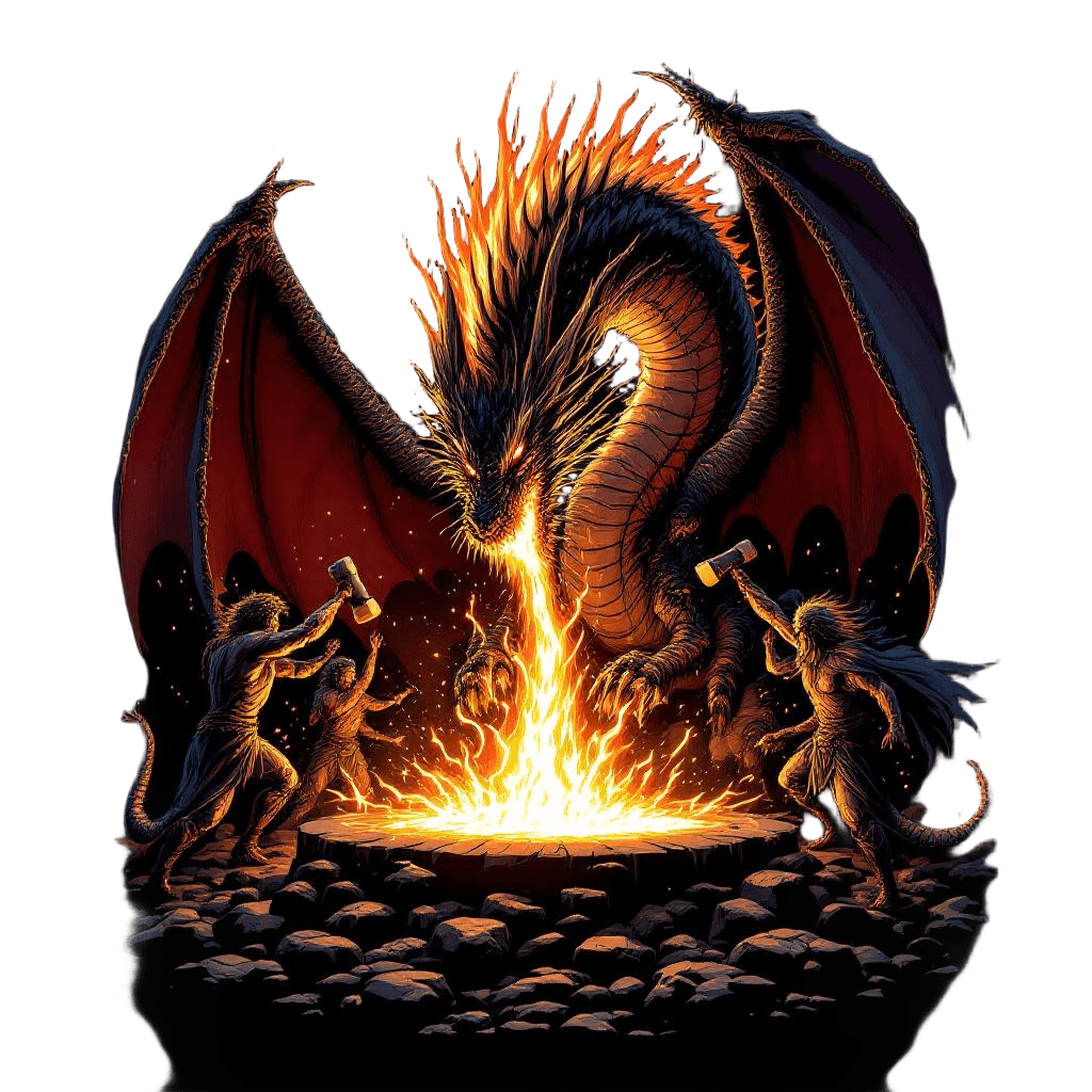 A Dragon Being Forged From Molten Iron in a Giant Forge