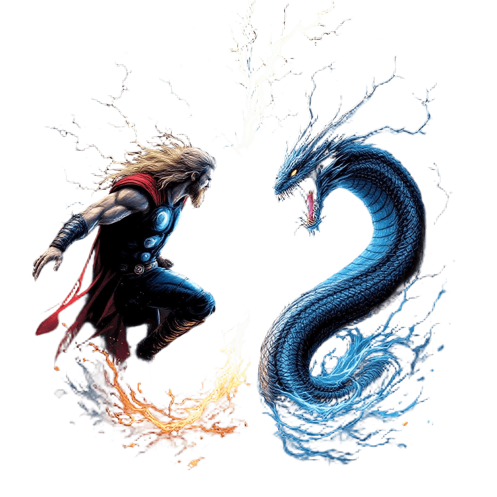 Thor and Jormungandr the World Serpent in Their Final Ragnarok Battle