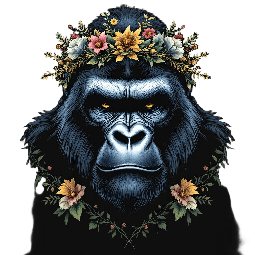 A Silverback Gorilla Wearing a Crown of Vines and Flowers