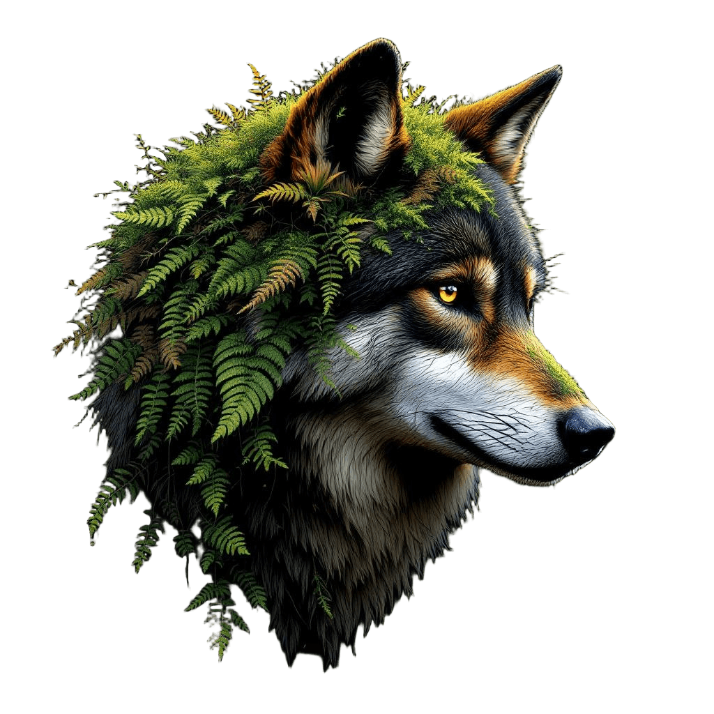 A Wolf with Moss and Ferns Growing From Its Fur