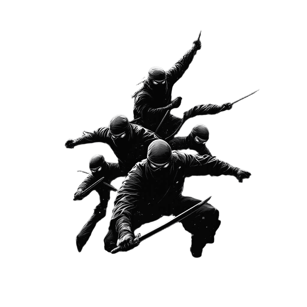 A Squad of Ninjas Emerging From Shadows in Coordinated Attack Formation