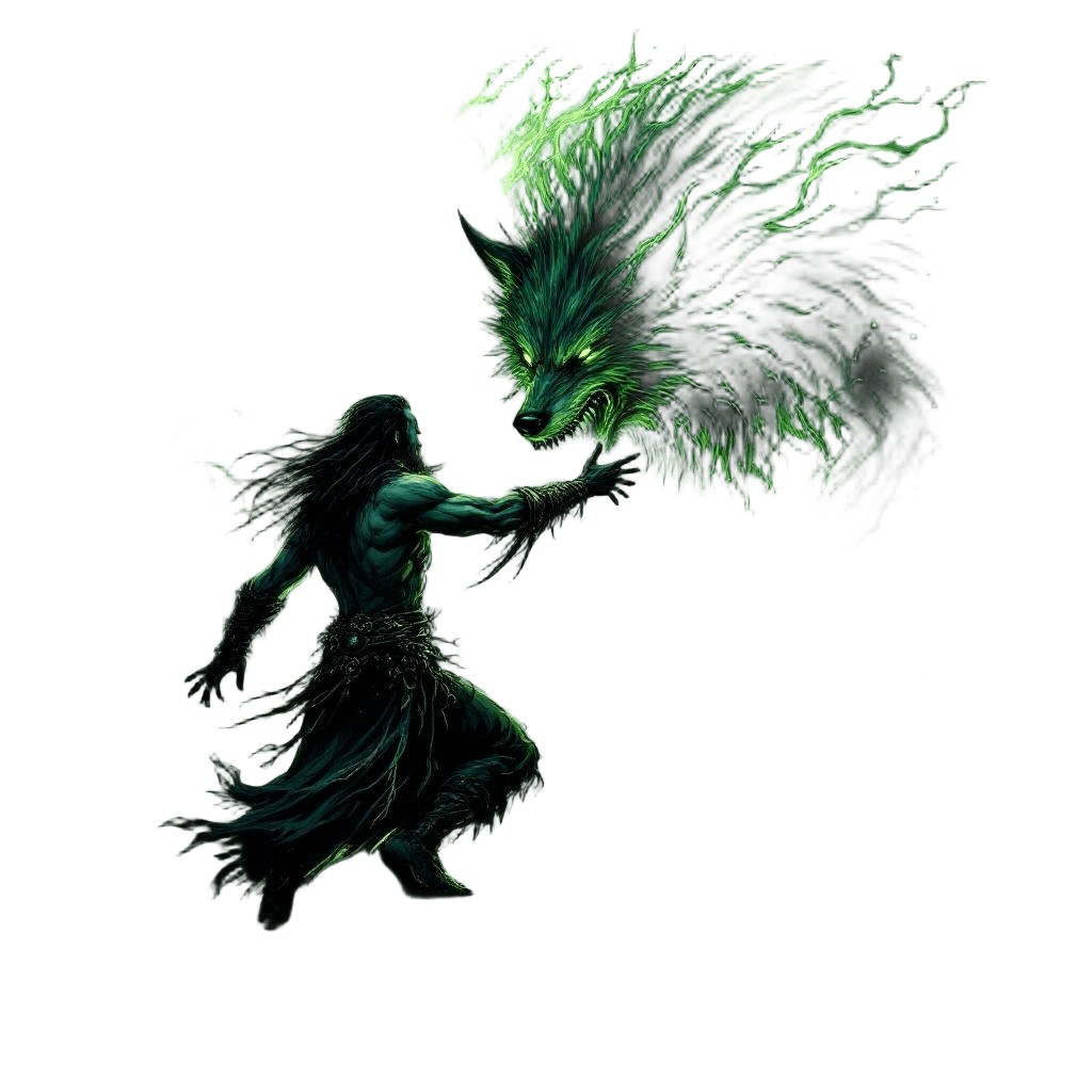 An Orc Shaman Summoning a Massive Spirit Wolf From Green Magical Energy