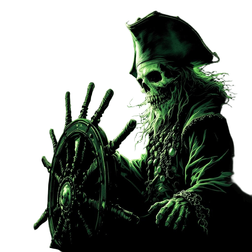 An Undead Pirate Captain at the Helm of a Ghost Ship