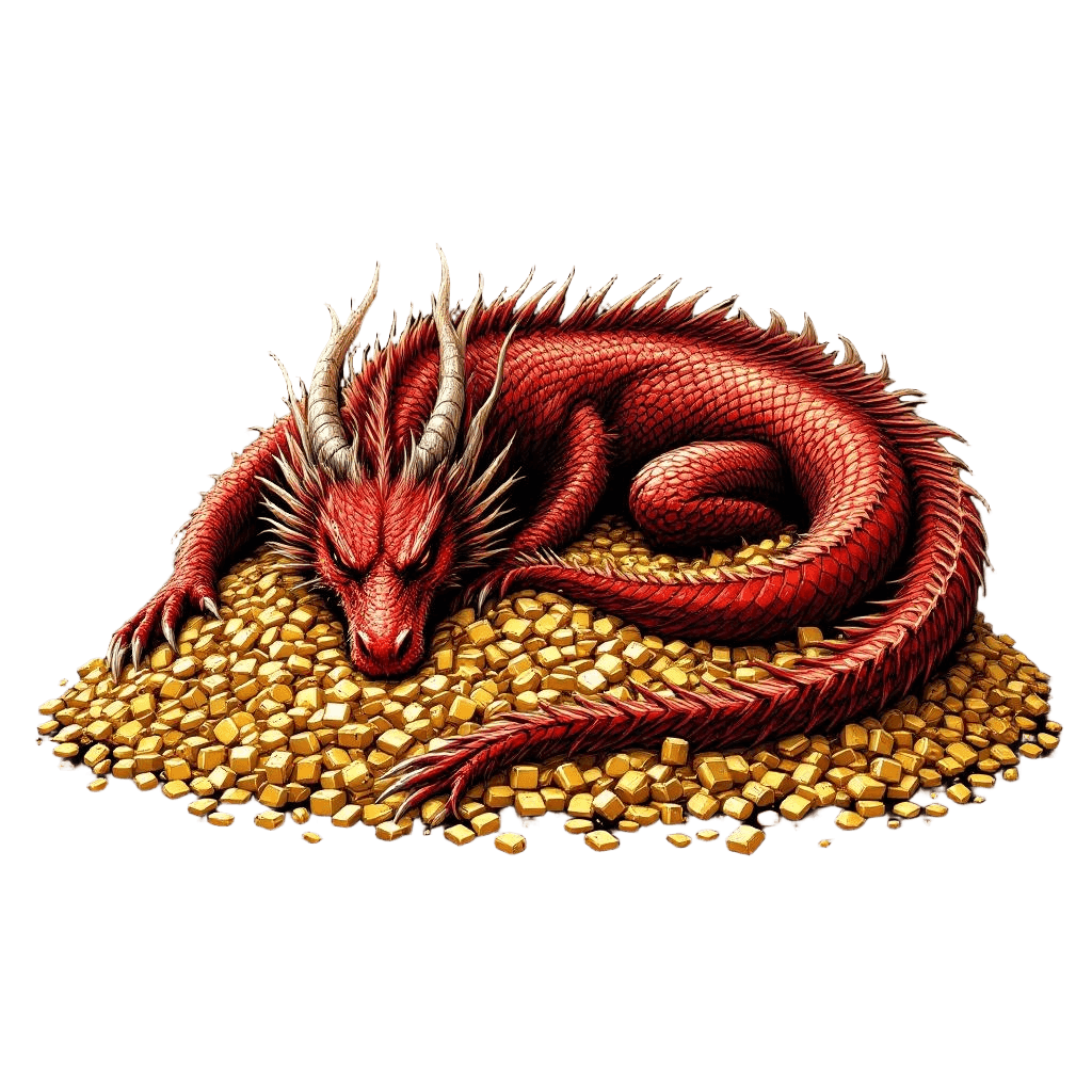 A Massive Red Dragon Sleeping on an Enormous Pile of Golden Treasure