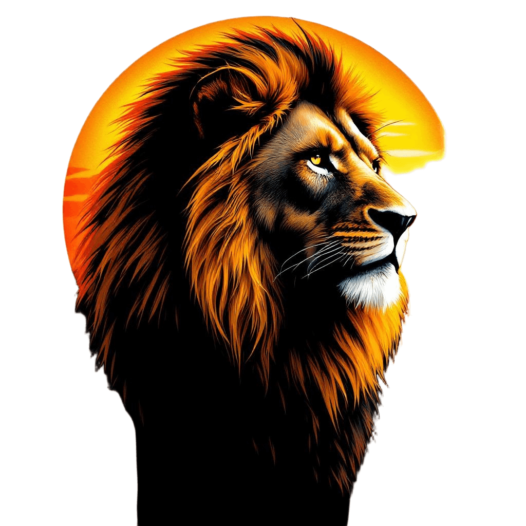 A Regal African Lion with a Magnificent Mane Silhouetted Against a Golden Sunset
