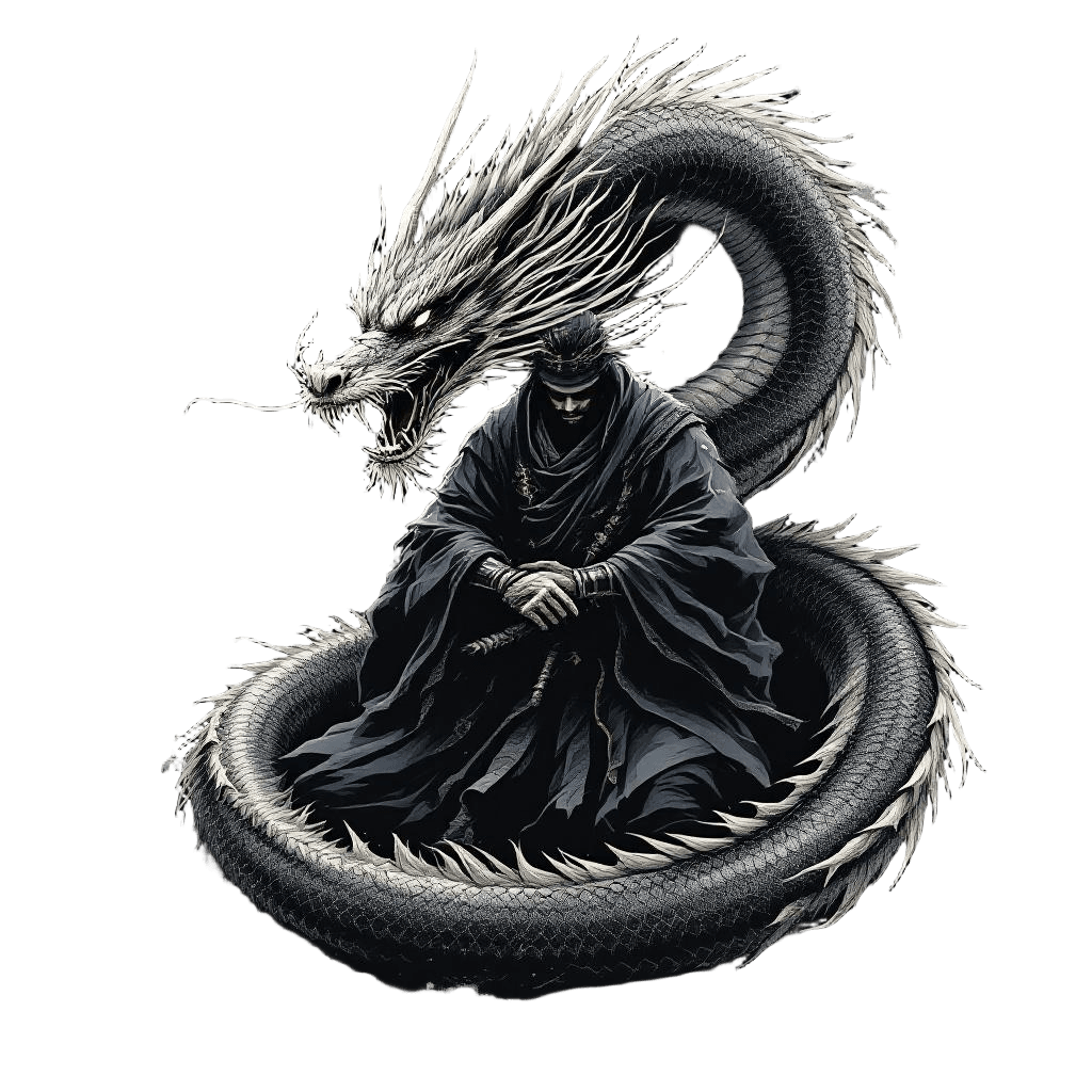 A Samurai with a Spirit Dragon Coiled Protectively Around Them
