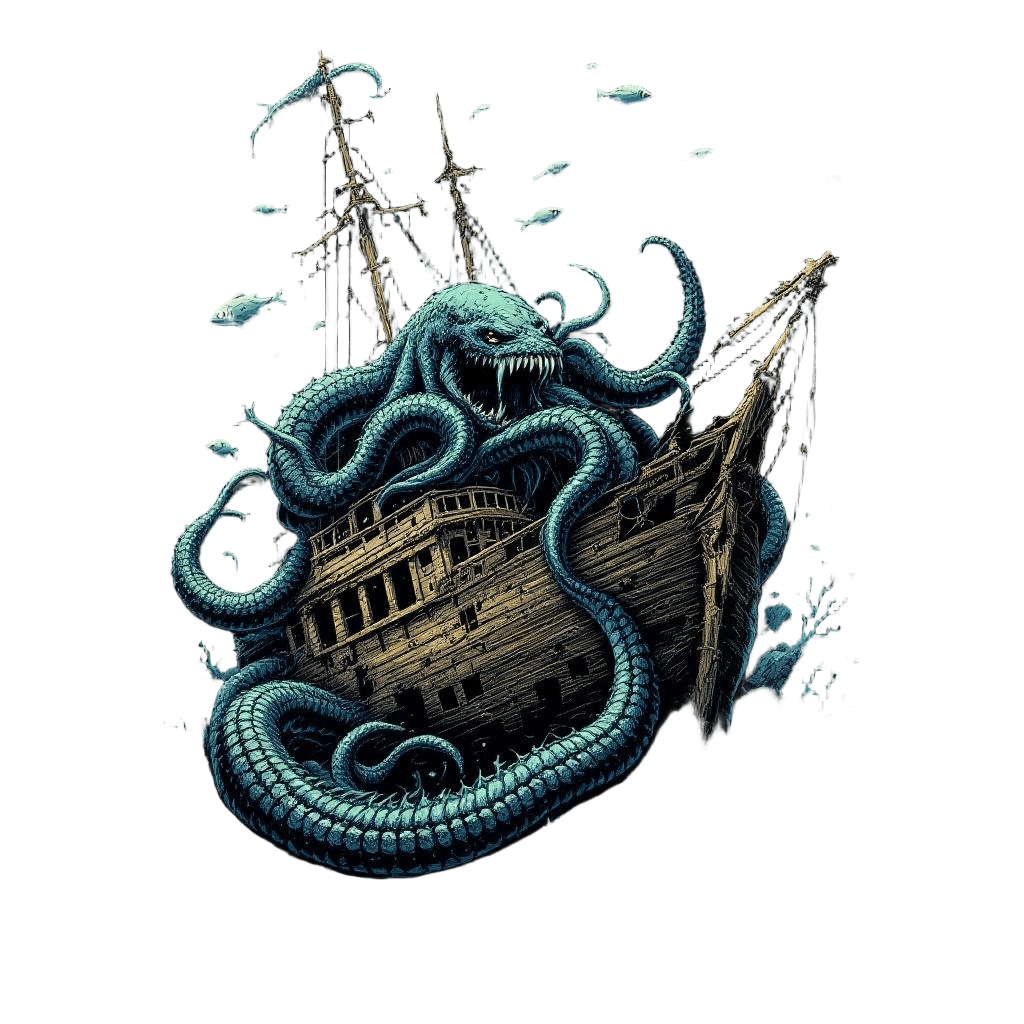 A Kraken Wrapped Around a Sunken Shipwreck