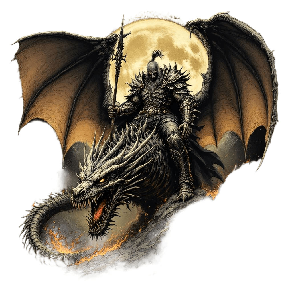 A Fearsome Warlord in Dragon-bone Armor Riding an Armored Dragon Into Battle