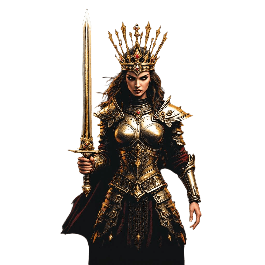 A Warrior Queen in Golden Battle Armor with a Jeweled Crown