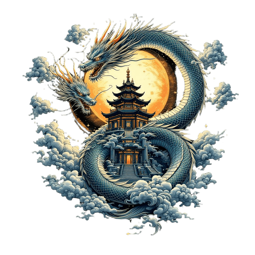 A Chinese Immortal Dragon Coiled Around a Celestial Cloud Palace
