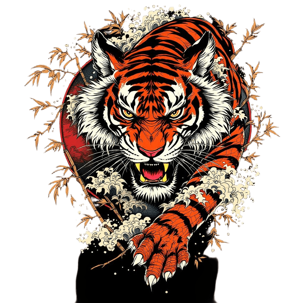 A Yakuza-style Tiger Tattoo Design with Bamboo and Waves