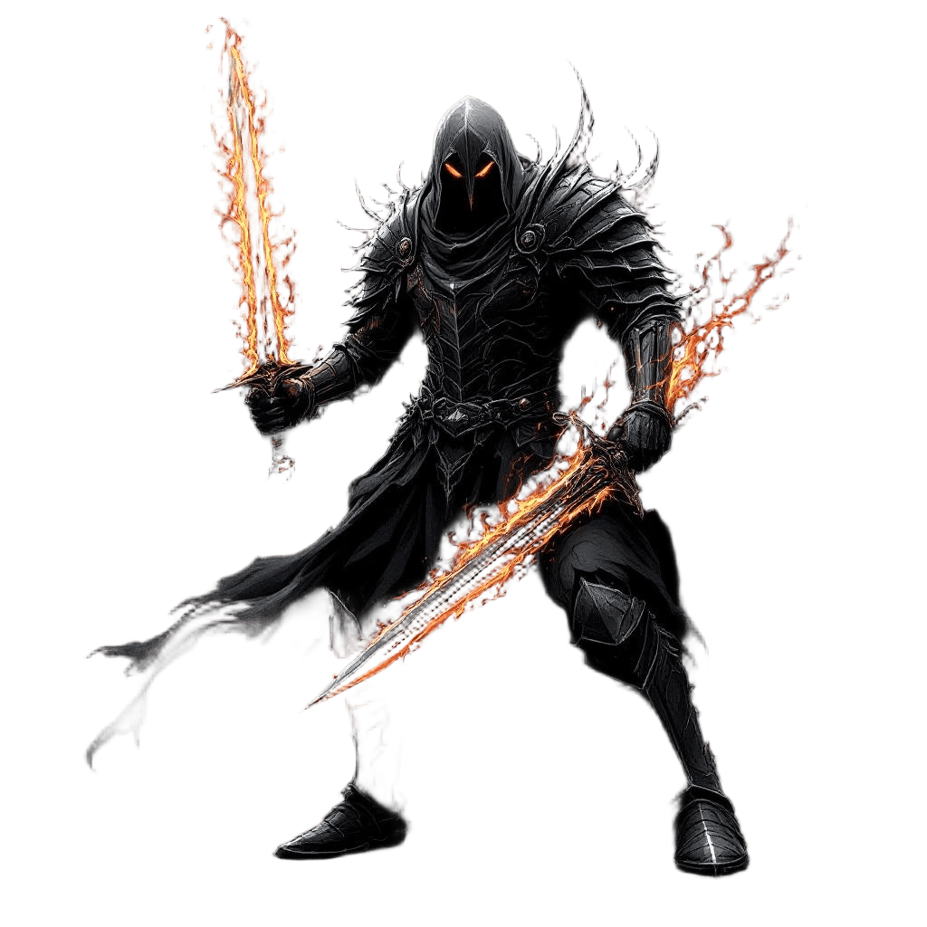 A Doom Knight in Black Armor Wielding a Sword of Hellish Flames