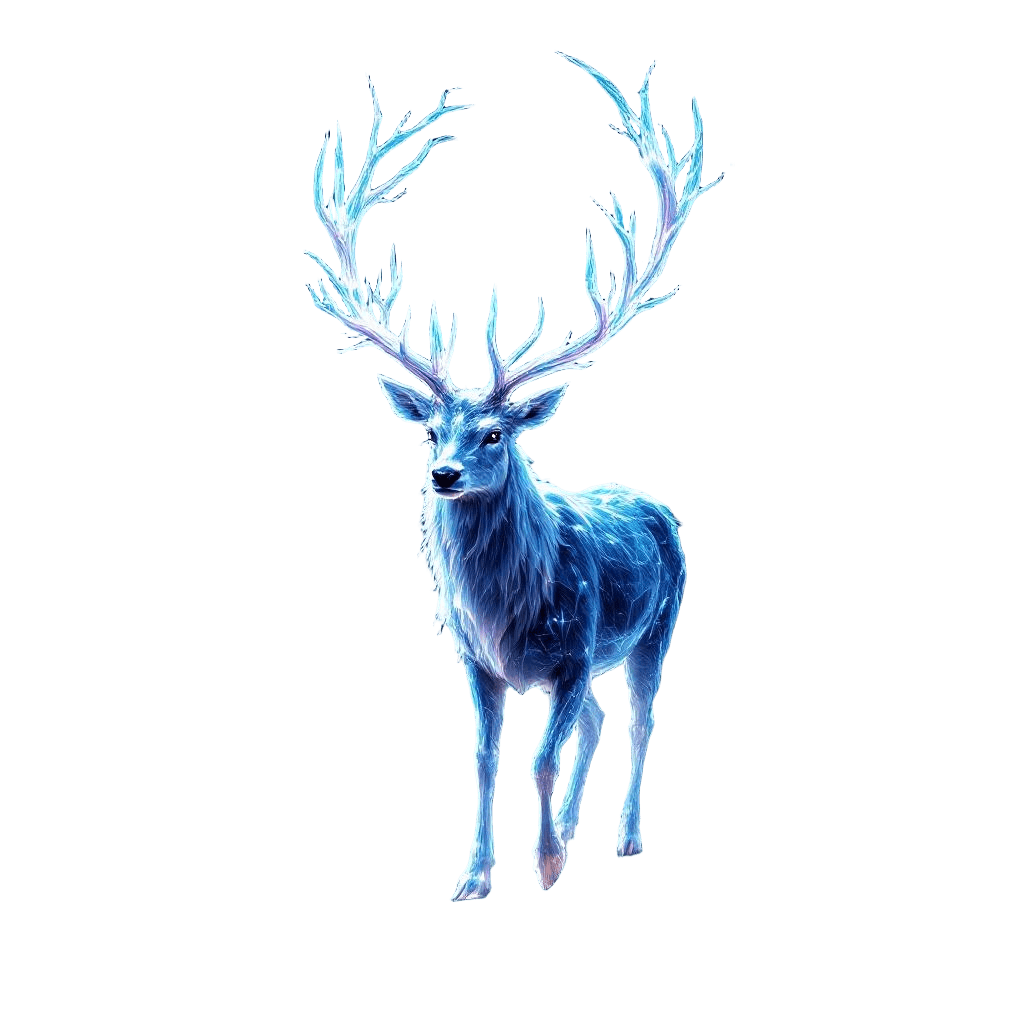 An Ethereal Glowing Stag with Crystalline Antlers Walking Through a Dark Enchant