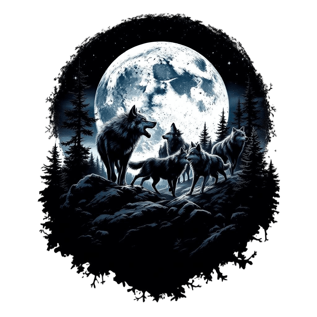 A Wolf Pack Hunting Together Under a Rising Moon