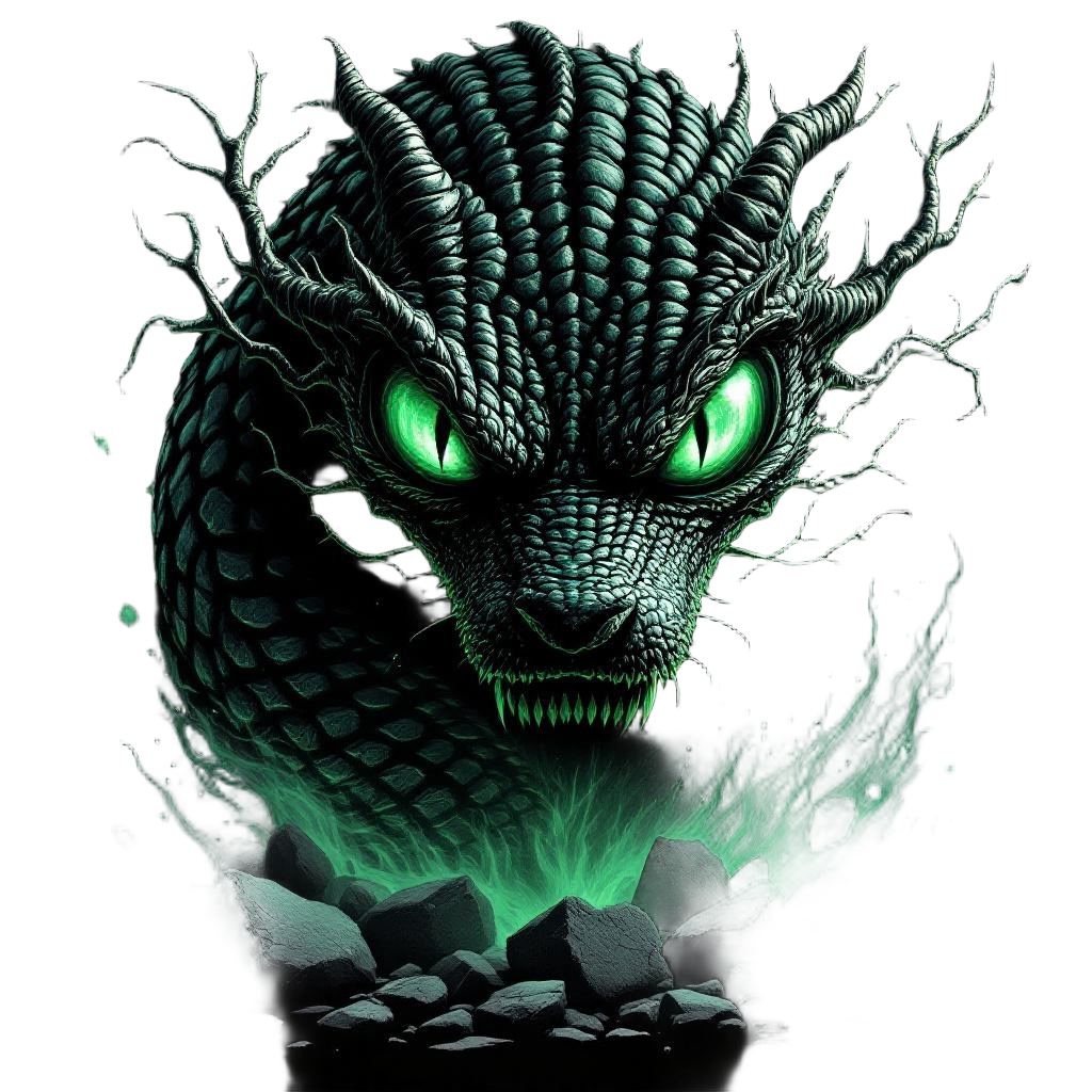 A basilisk serpent king with enormous emerald green eyes that turn living things