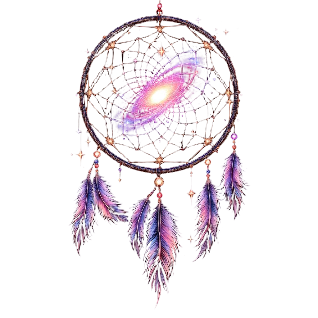 A dreamcatcher with a galaxy spinning inside its web, feathers trailing stardust
