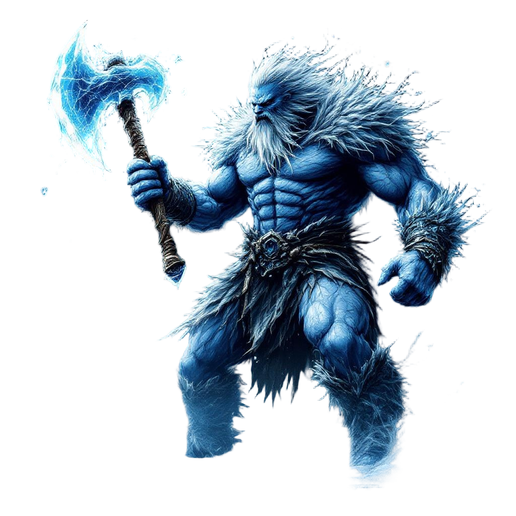 A frost giant wielding an axe made of pure ice, breath freezing the air, Jotunhe