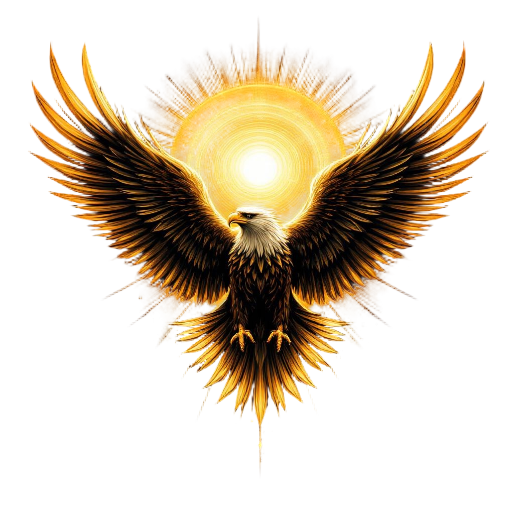 A golden eagle soaring with wings fully spread, sun behind creating a golden hal