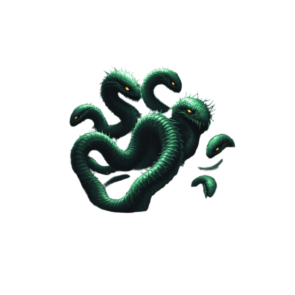 A hydra lurking in a poison swamp, multiple heads emerging from toxic water, eye