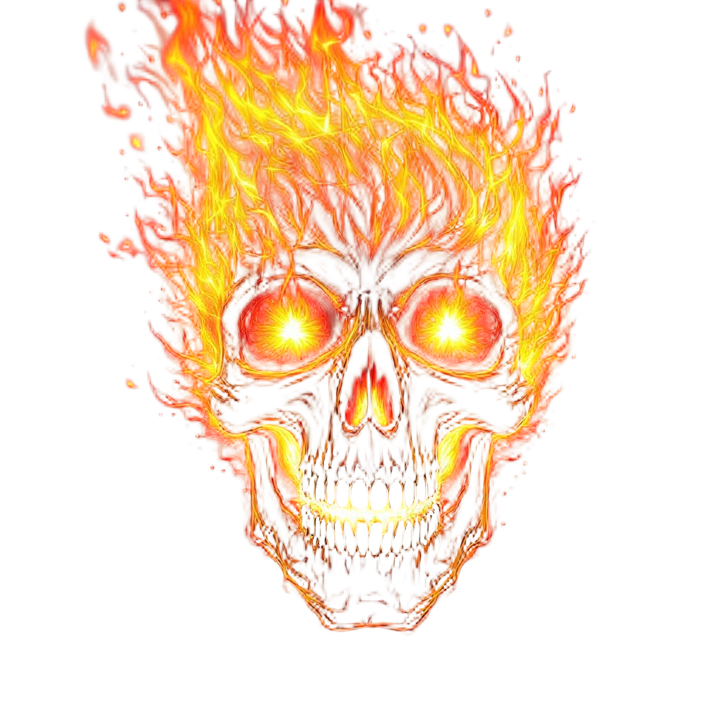 A skull engulfed in raging inferno flames, fire shooting from eyes and mouth, pu