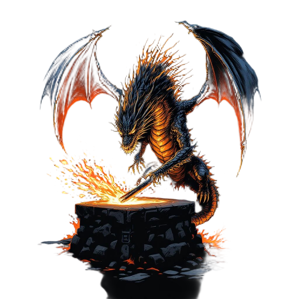A dragon made of molten iron in a blacksmith forge, sparks flying, industrial me