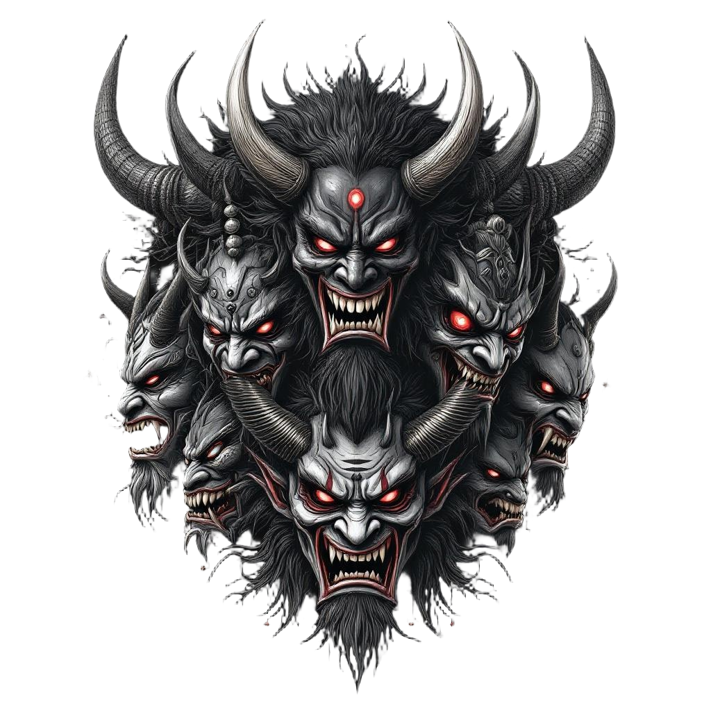 A collection of Japanese demon masks — Oni, Hannya, Tengu — arranged in a dramat