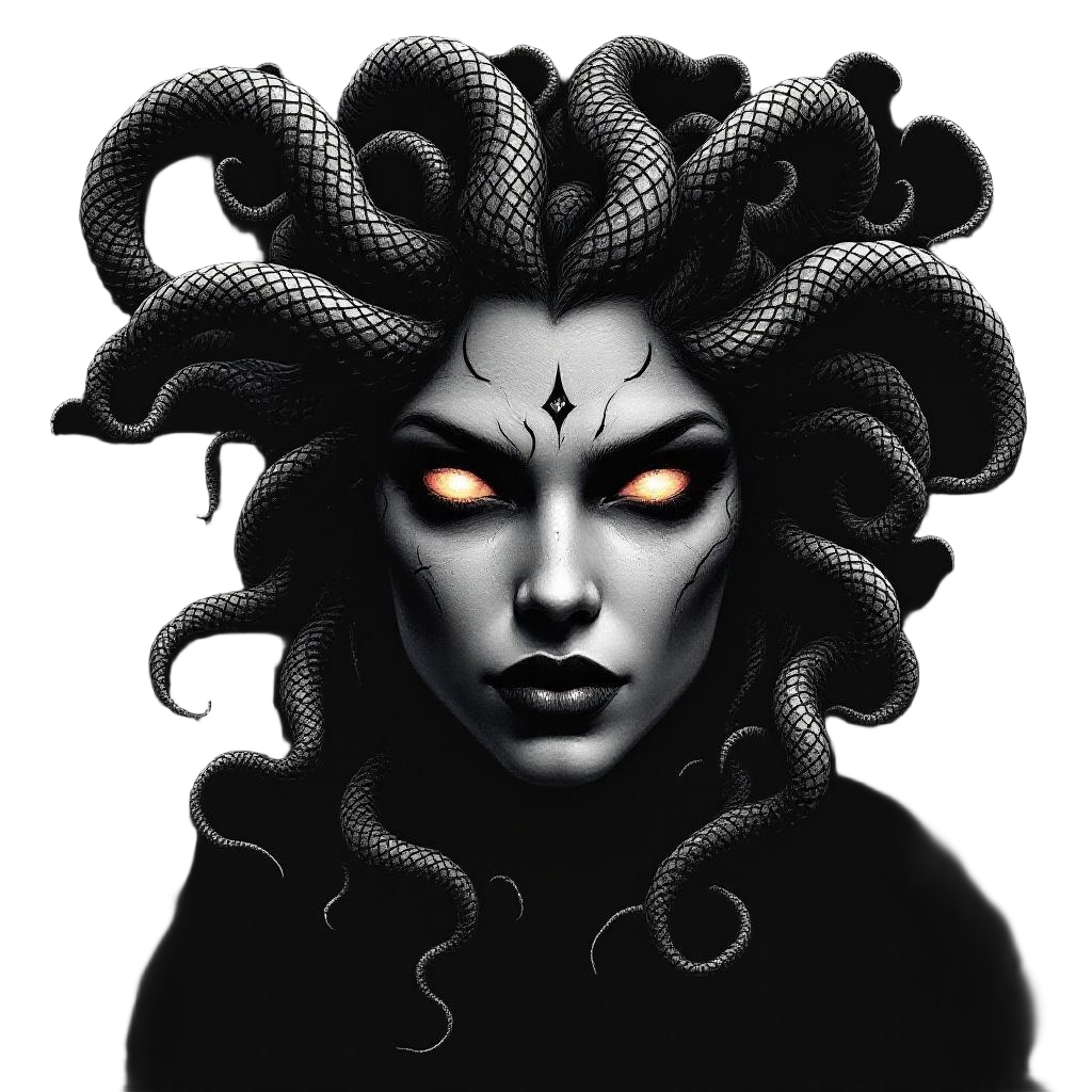 Medusa with writhing snake hair, stone-turning gaze, beautiful yet deadly, Greek