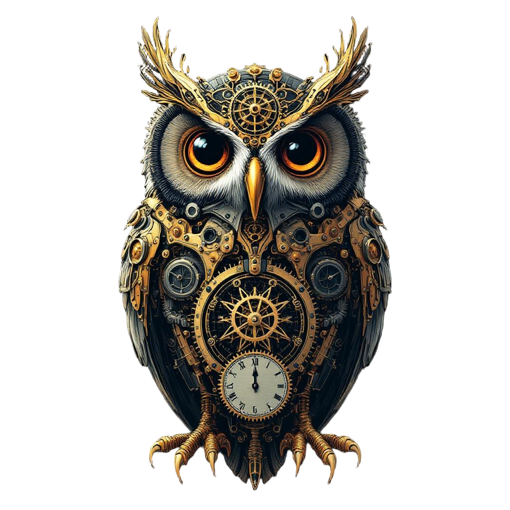 A mechanical clockwork owl with brass gears visible, steampunk automaton bird, V