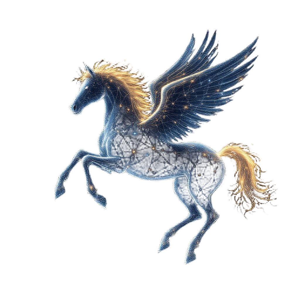 The Pegasus constellation rendered as a magnificent winged horse made of connect