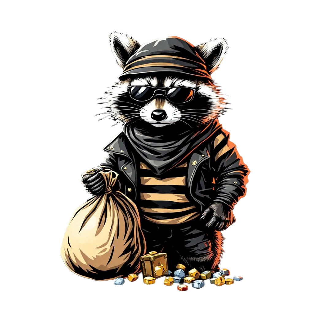 A raccoon in a classic bandit outfit with a mask and striped shirt, carrying a b